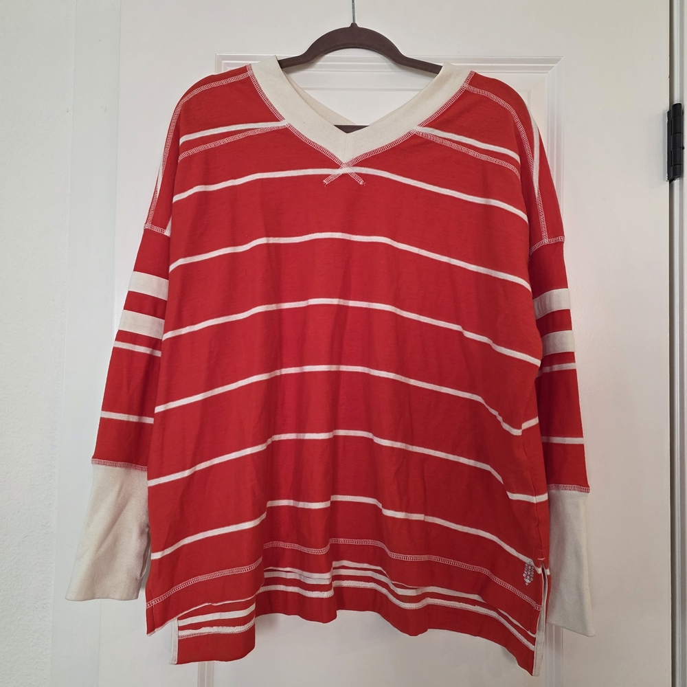 Free People V-Neck Sweater in Red and Cream Stripes